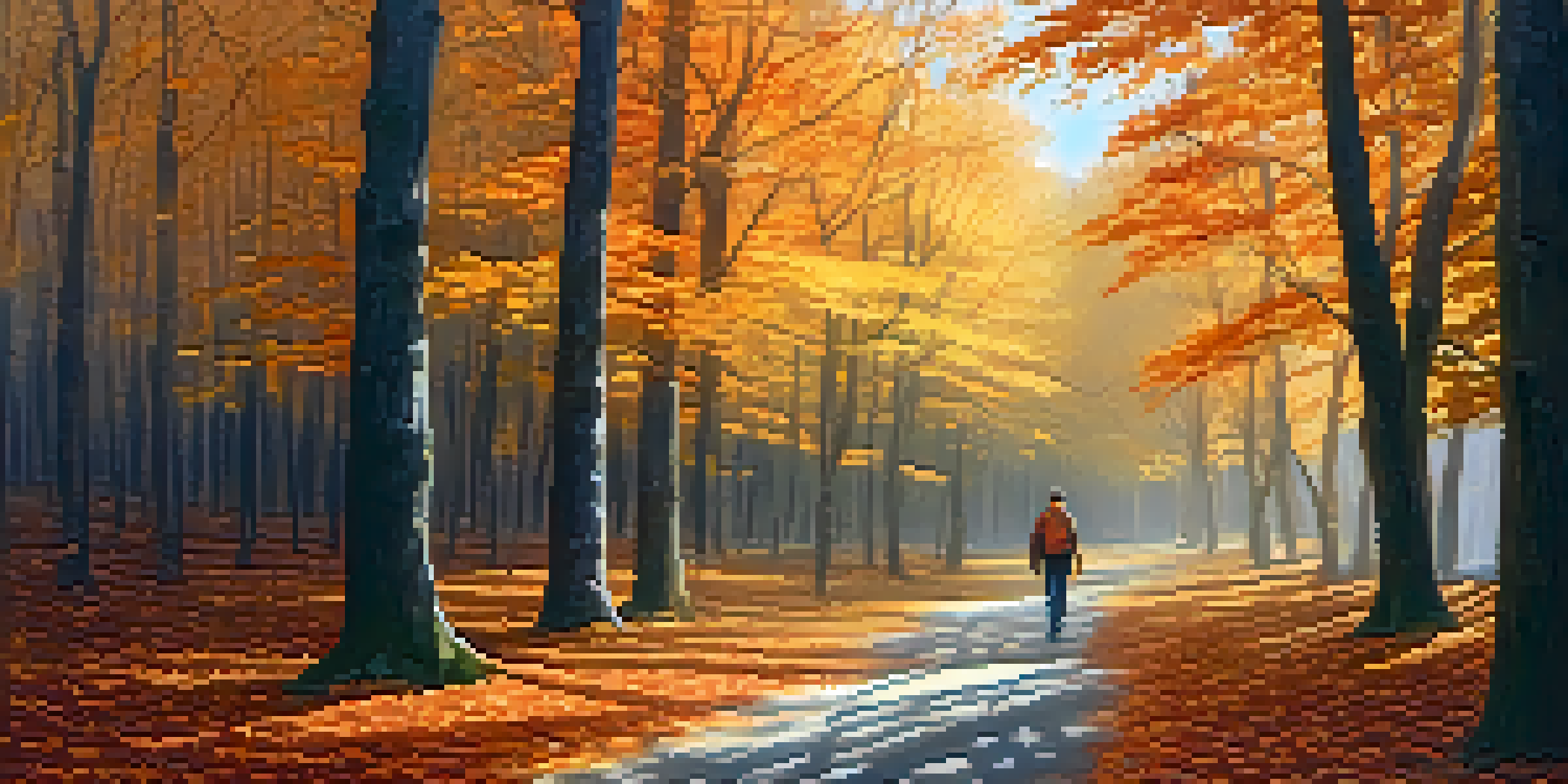 A peaceful autumn forest with colorful leaves and a person walking along a path, capturing the essence of mindfulness in nature.