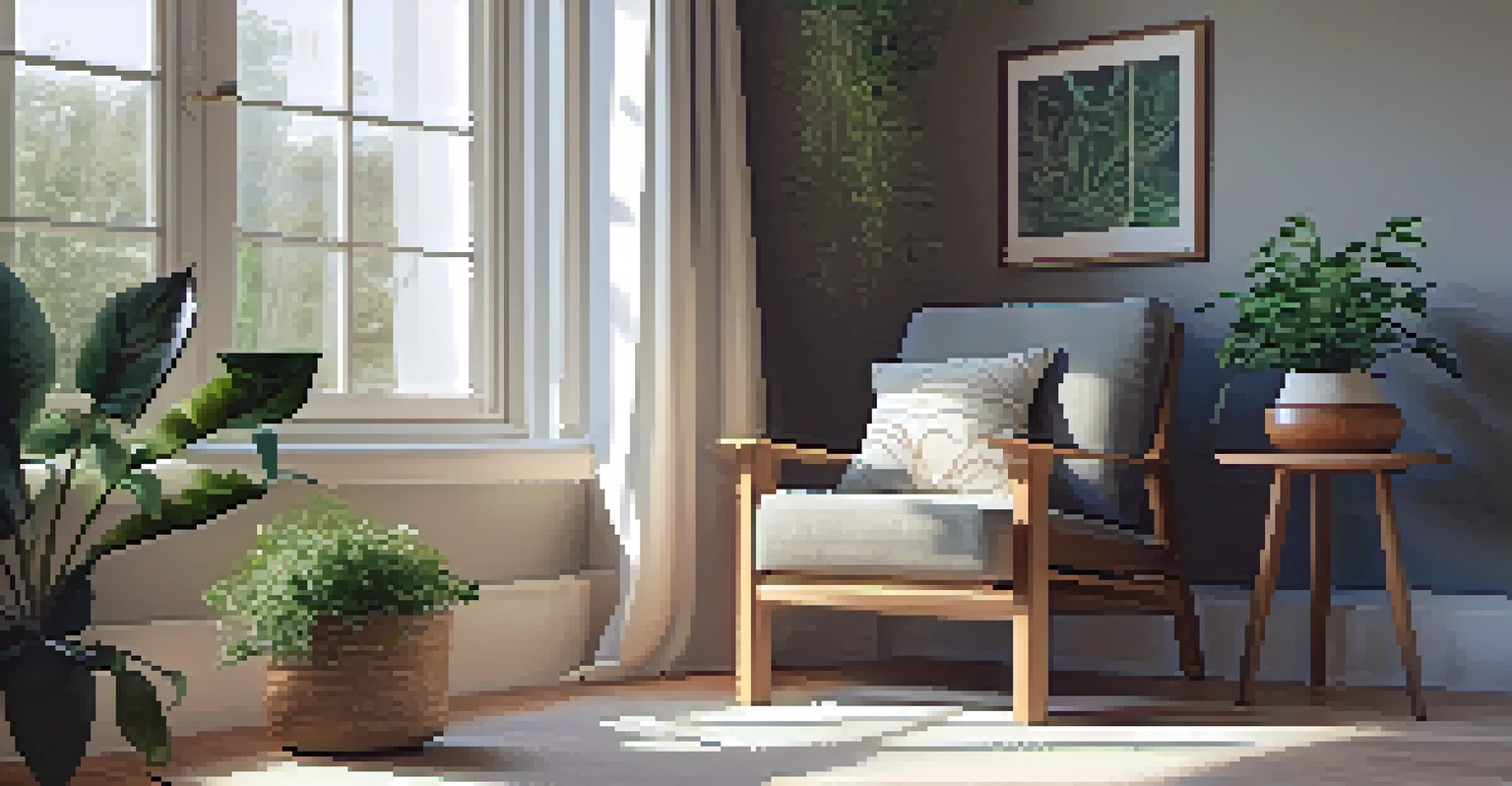 A cozy indoor mindfulness space with a comfortable chair, plants, and soft natural light.