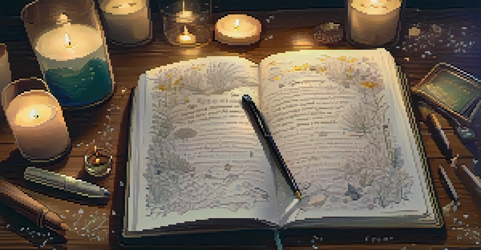 An open dream journal on a table with sketches and notes, surrounded by crystals and lit candles in a warm atmosphere.