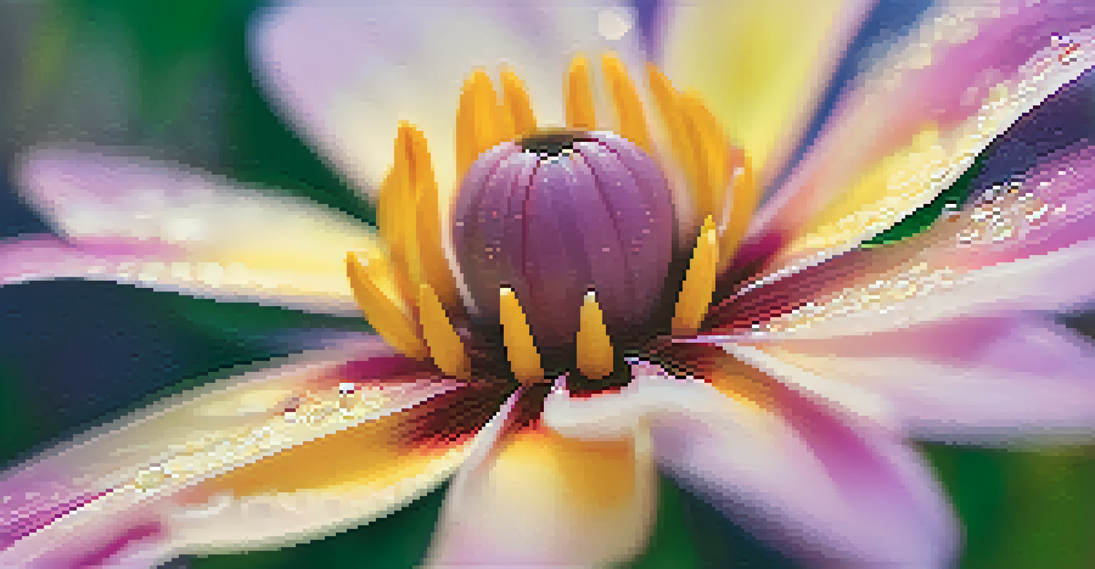 A detailed close-up of a colorful flower with morning dew glistening on its petals in a garden.