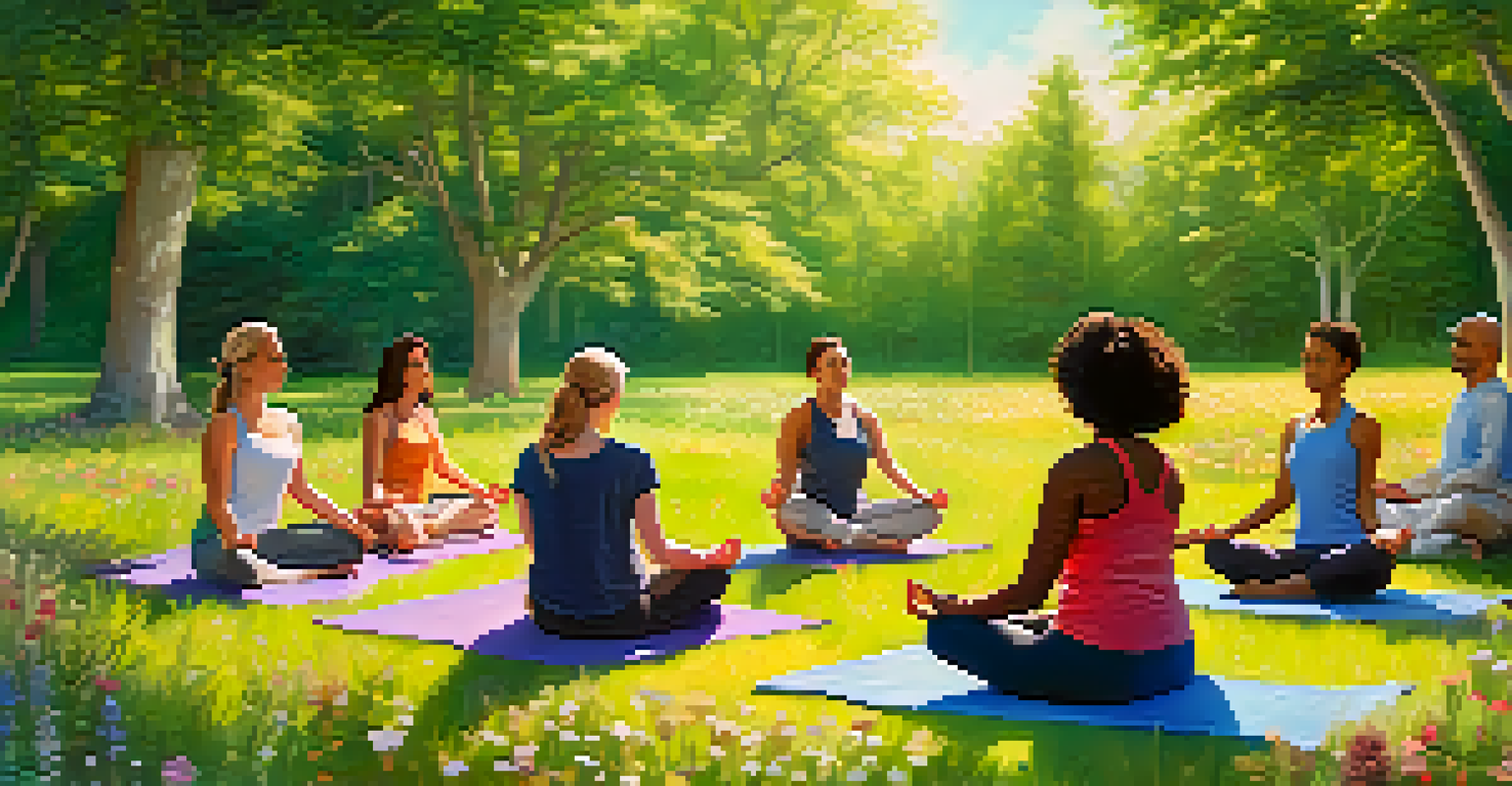 A diverse group of people meditating in a sunny meadow, surrounded by blooming flowers and trees, emphasizing community and nature.