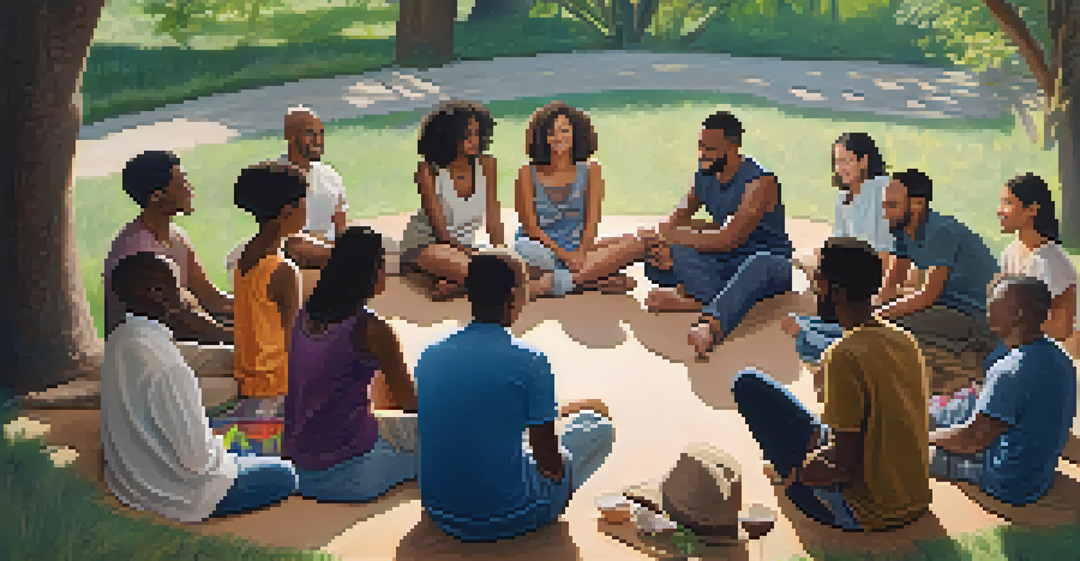 A diverse group of people in a supportive sharing circle outdoors, surrounded by trees and natural light.