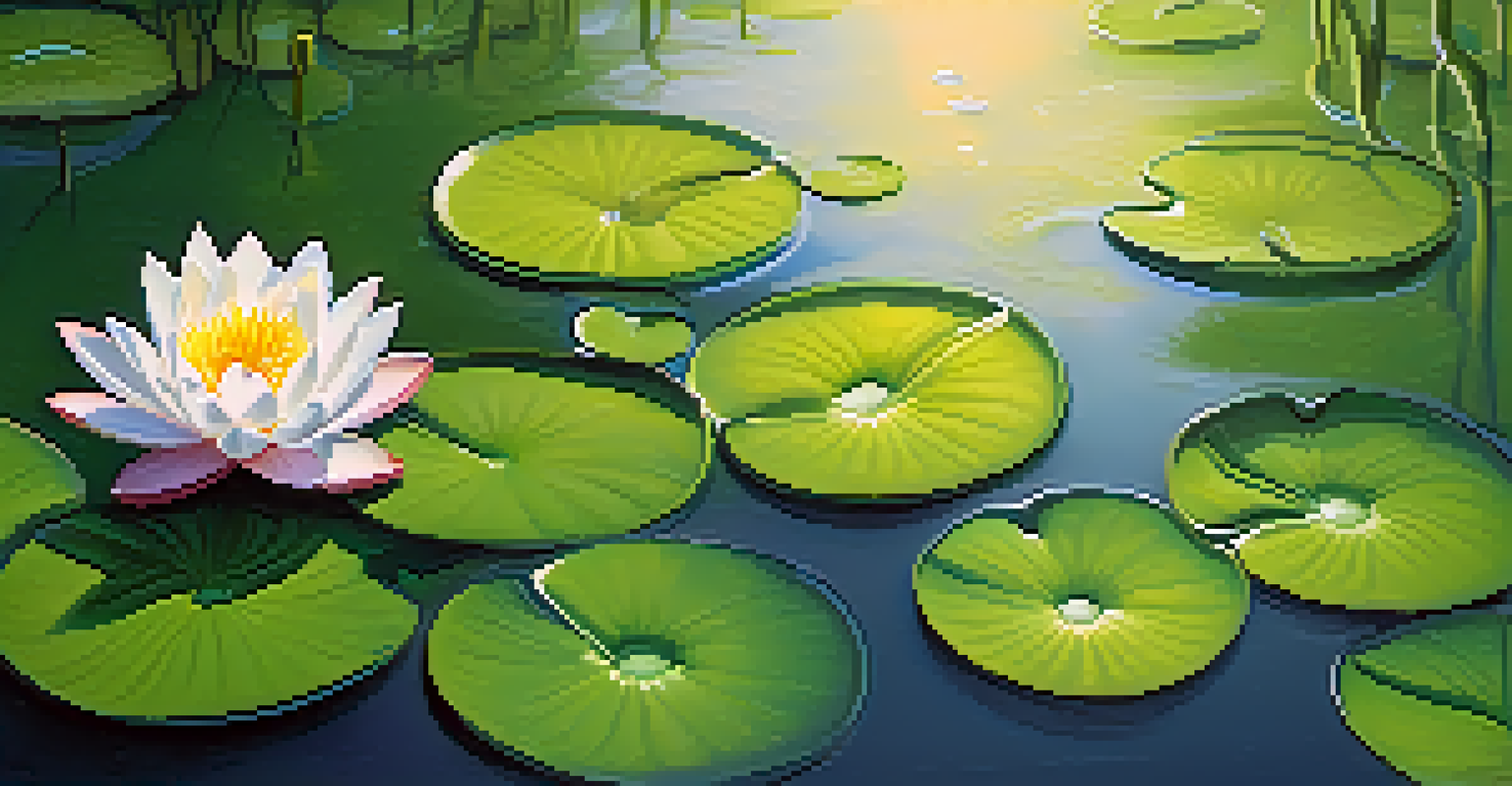 A close-up of a blooming lotus flower with water droplets, surrounded by green lily pads and gentle ripples in a pond.