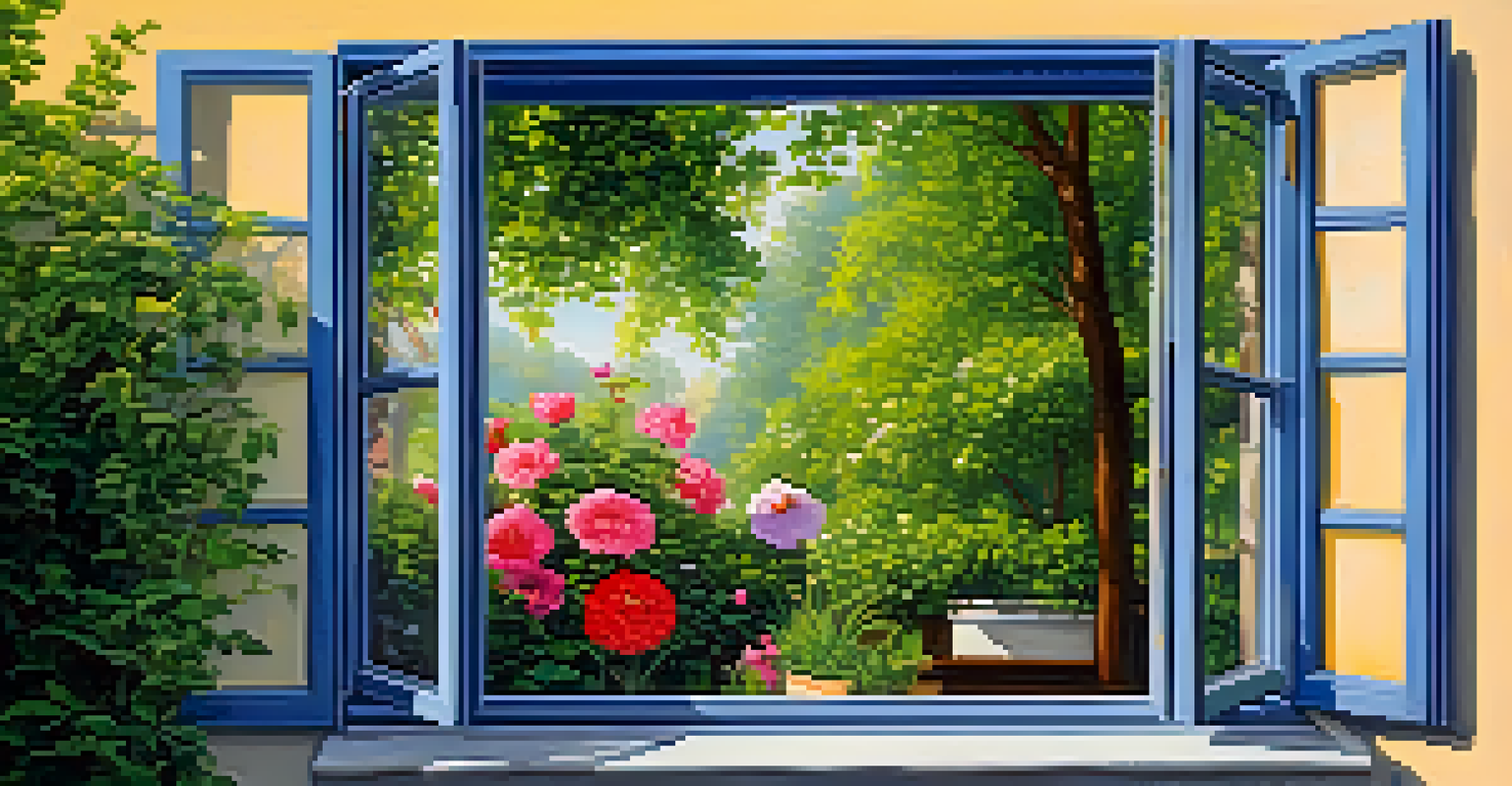A person cleaning a window, revealing a clear view of a vibrant garden outside, symbolizing clarity through mindfulness.