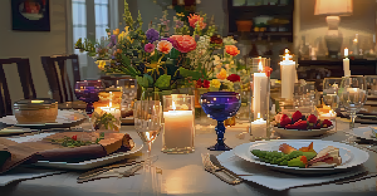 A beautifully set table for a gratitude gathering with fresh flowers, candles, and colorful food.