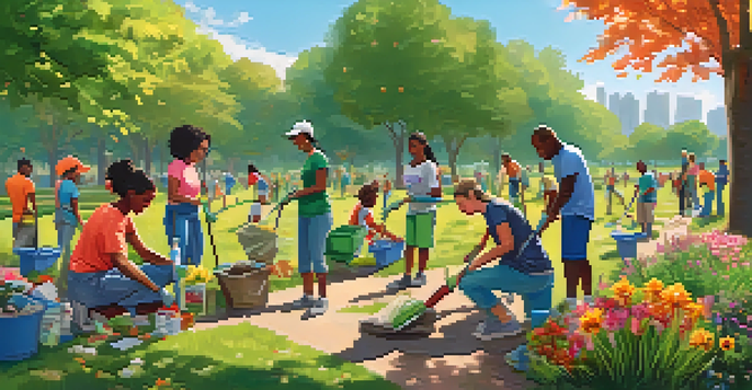 A group of diverse volunteers happily cleaning up a park on a sunny day, surrounded by greenery and flowers.