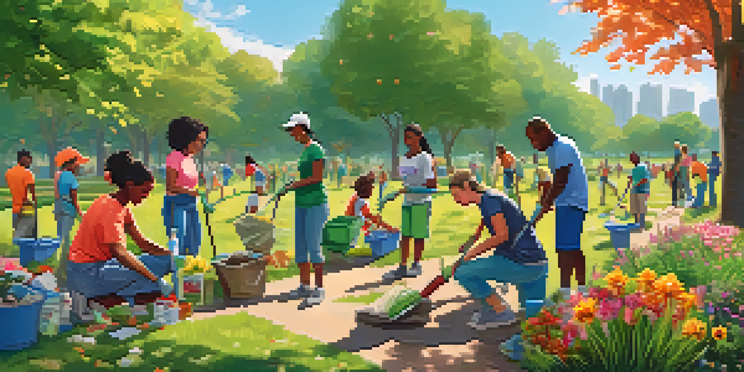 A group of diverse volunteers happily cleaning up a park on a sunny day, surrounded by greenery and flowers.