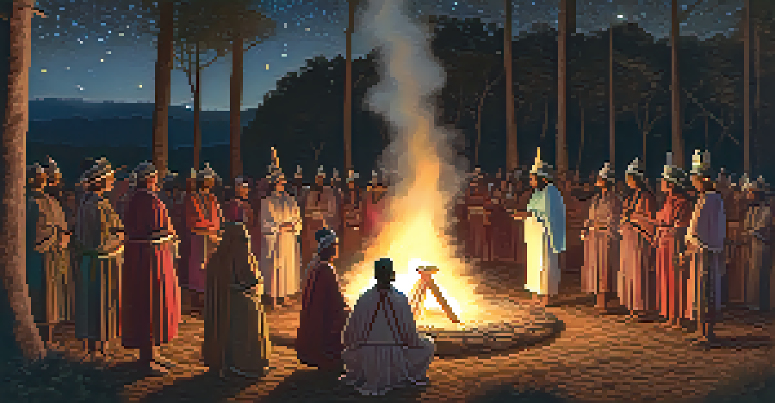A group of people in traditional clothing gathered around a fire at night, participating in a ritual under a starry sky.
