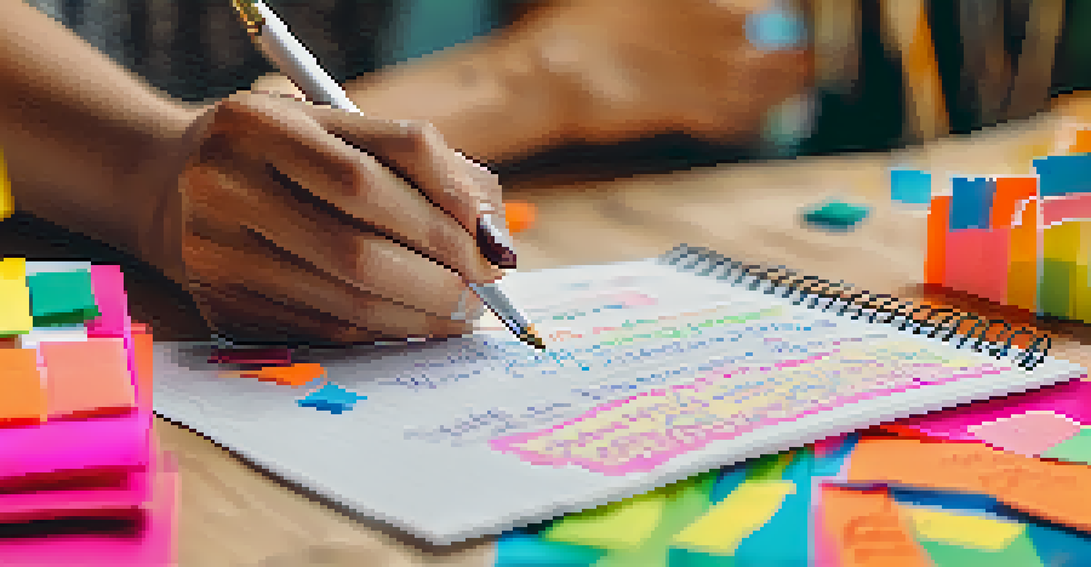 A close-up of hands writing affirmations on a notepad with colorful sticky notes around.