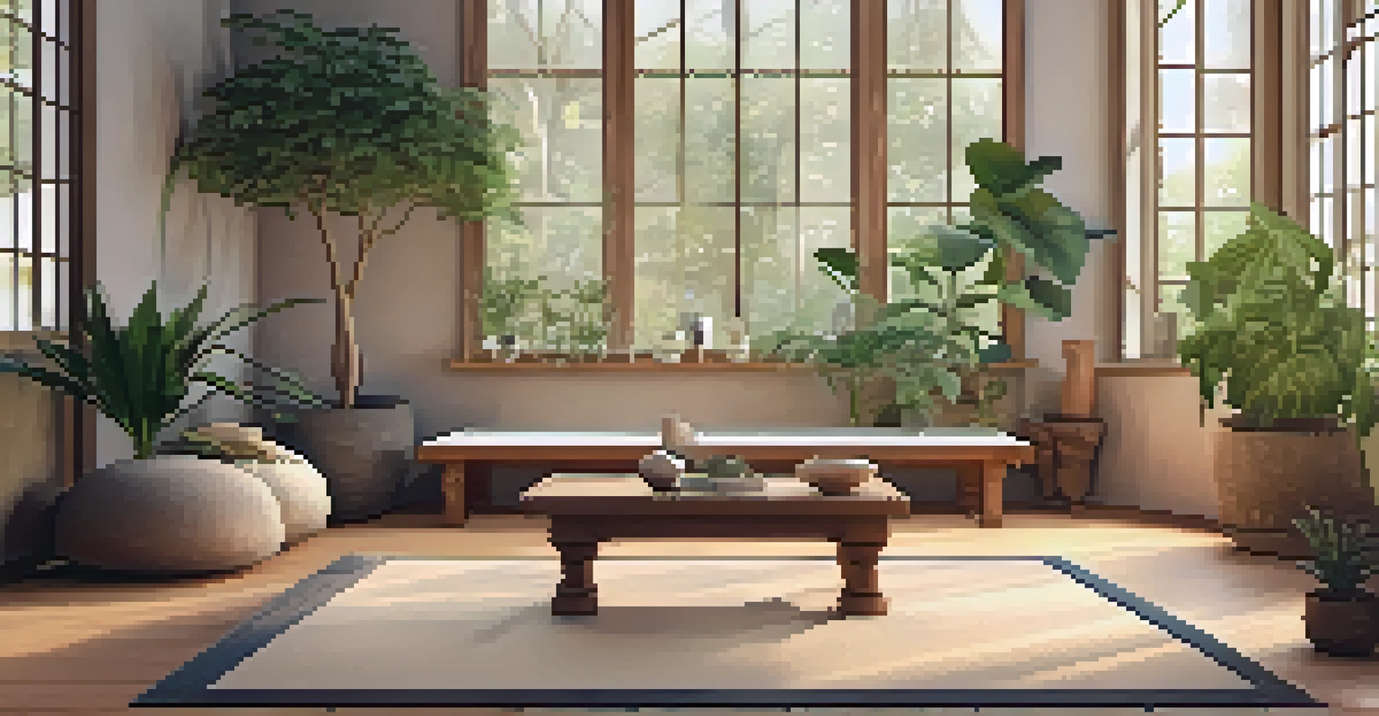 A serene indoor meditation space filled with plants, natural light, and a small fountain.