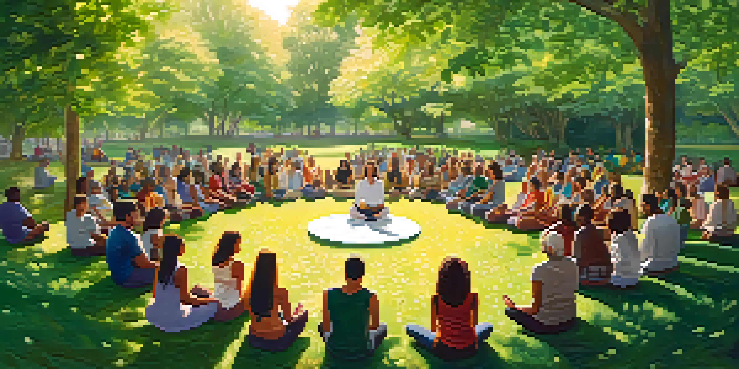 A diverse group of people in a meditation circle in a park, surrounded by greenery and sunlight.