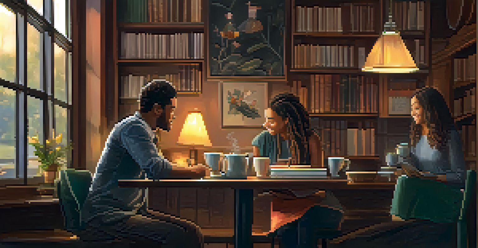 A mentor and mentee having a deep conversation in a cozy coffee shop, surrounded by books on spirituality and warm lighting.