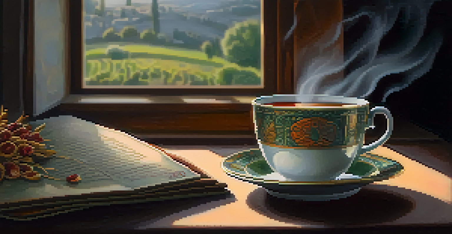 A close-up of a hand holding a steaming cup of tea in a cozy room.