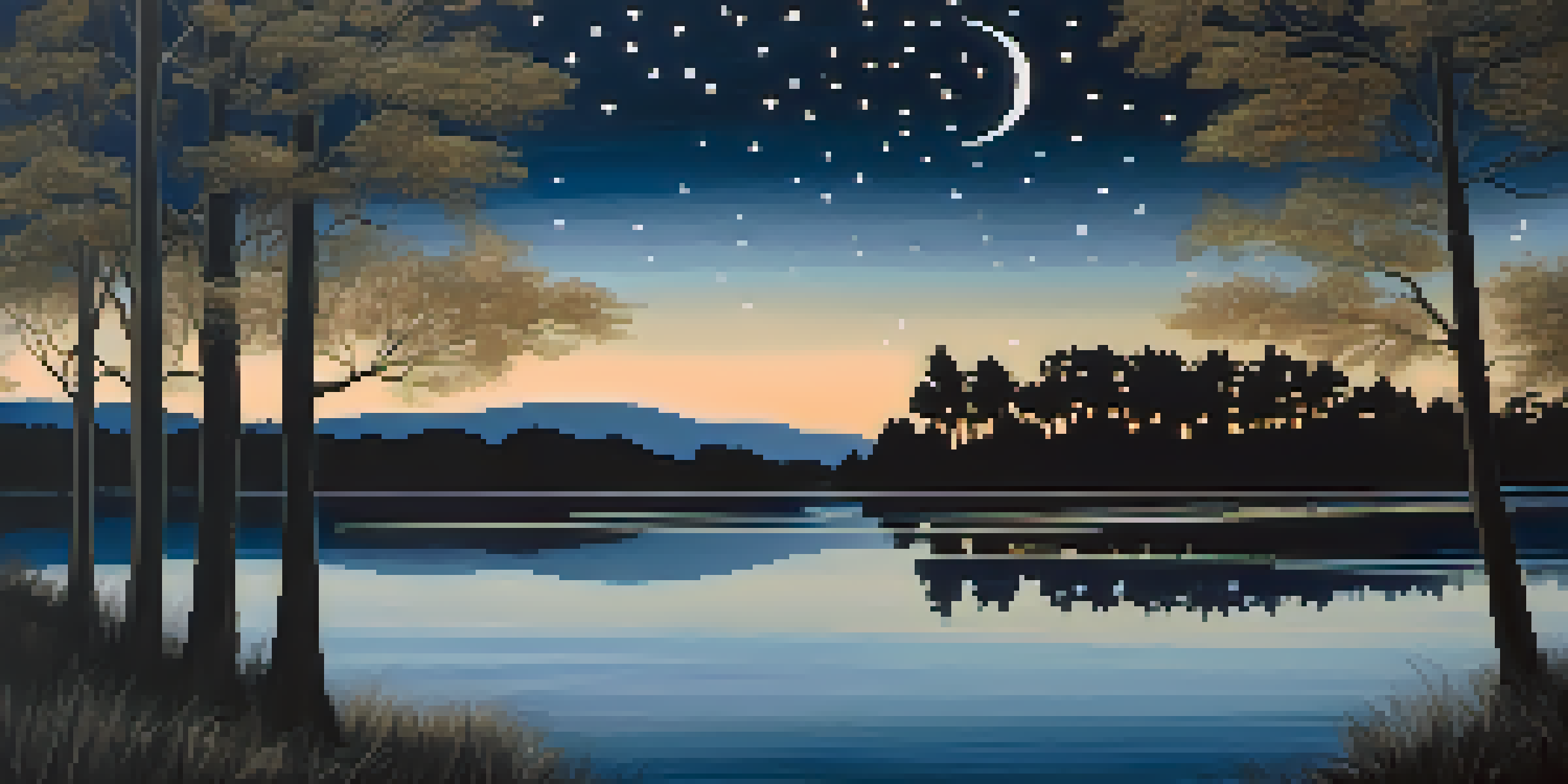 A tranquil night scene with a glowing full moon over a calm lake, surrounded by silhouetted trees and a starry sky.