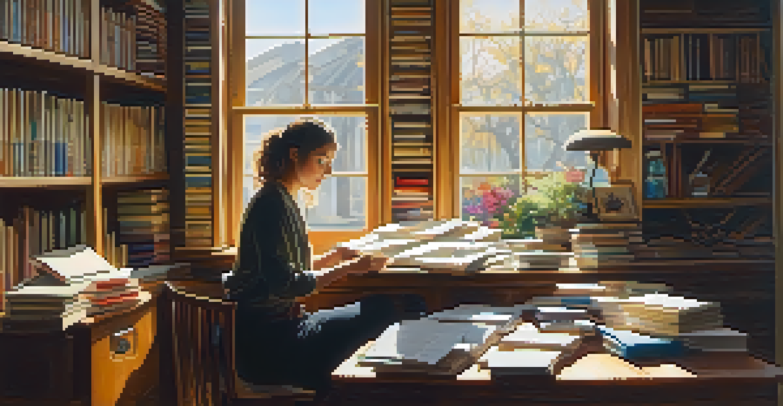A person writing at a desk in a sunlit room filled with books and art supplies, surrounded by artistic decorations.