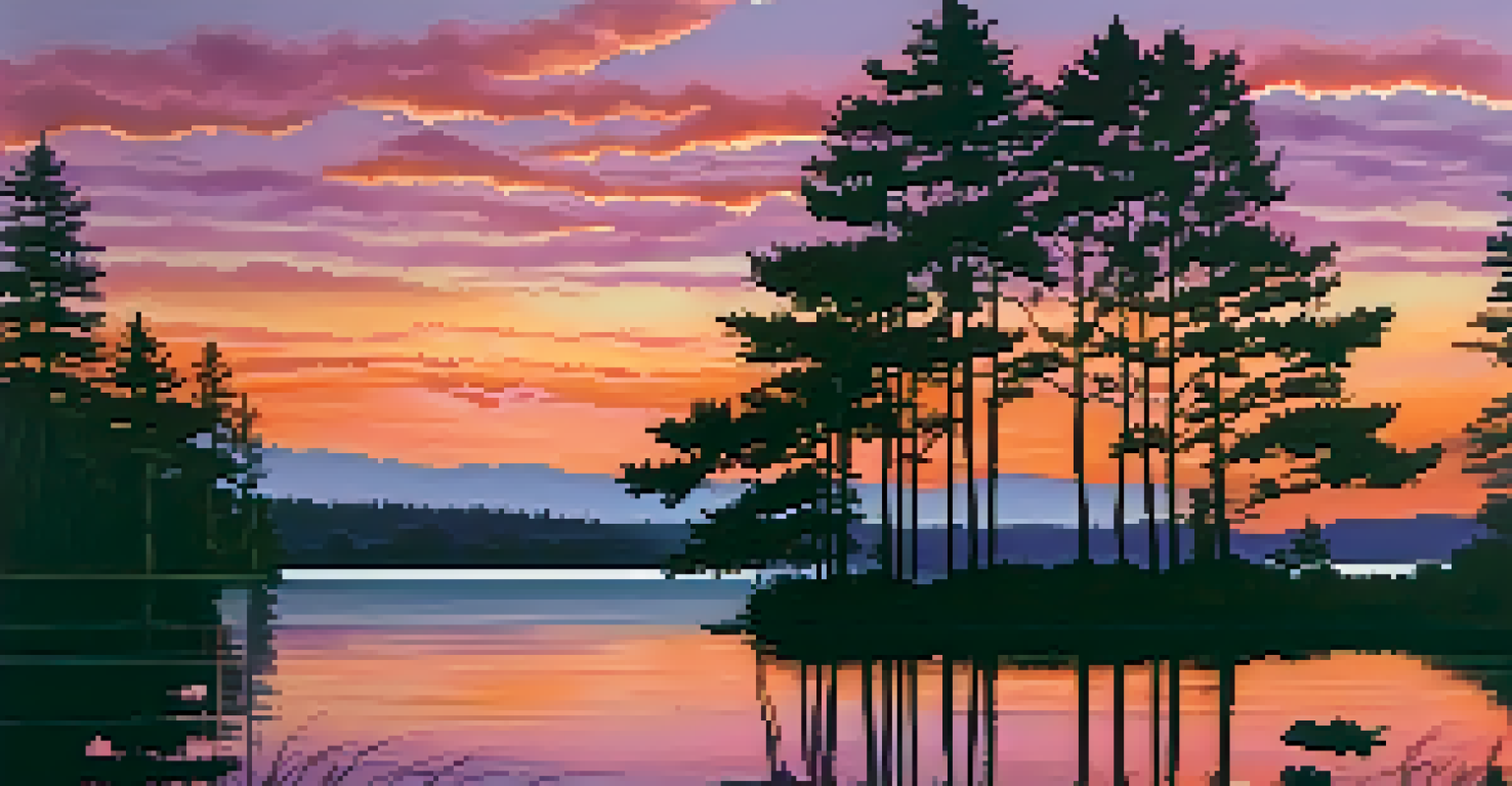 A colorful sunset reflecting on a calm lake, framed by silhouettes of trees.