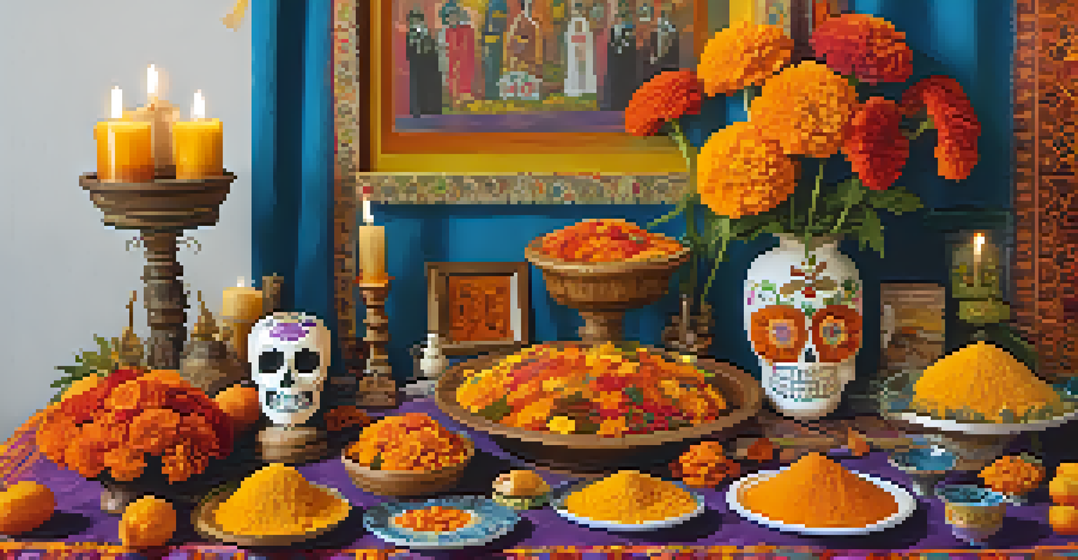 An altar for the Day of the Dead celebration, decorated with marigolds, photographs, and traditional foods in a warmly lit room.