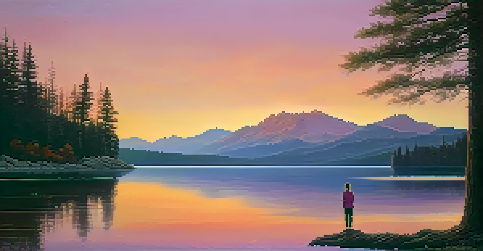 A person standing by a lakeside at sunset, admiring their reflection in the water.