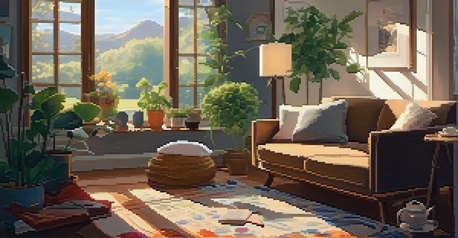 A person journaling about gratitude in a cozy living room, surrounded by plants and warm lighting, with a cup of tea nearby.