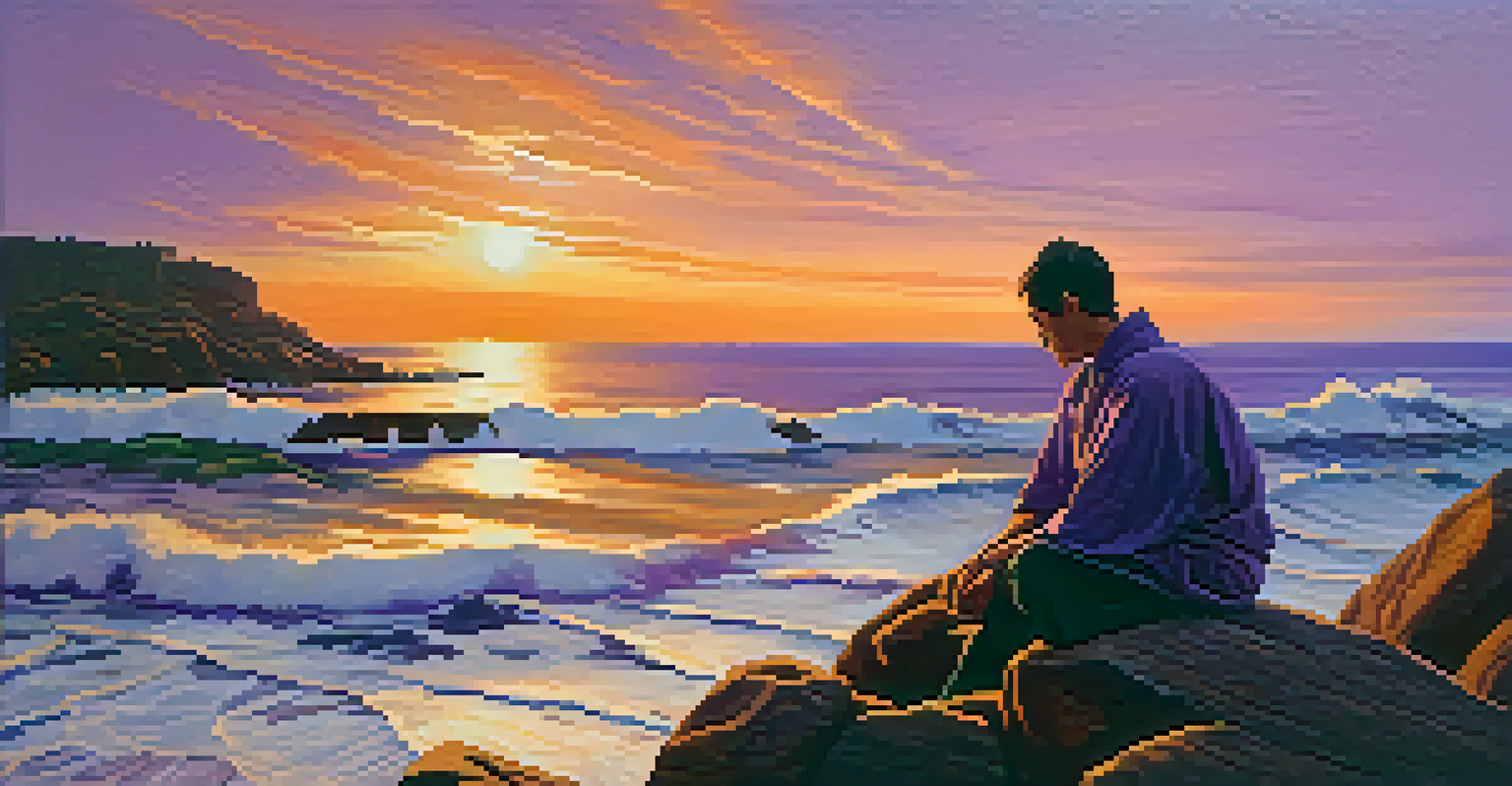 A person meditating on a cliff at sunset, overlooking the ocean with warm colors in the sky.