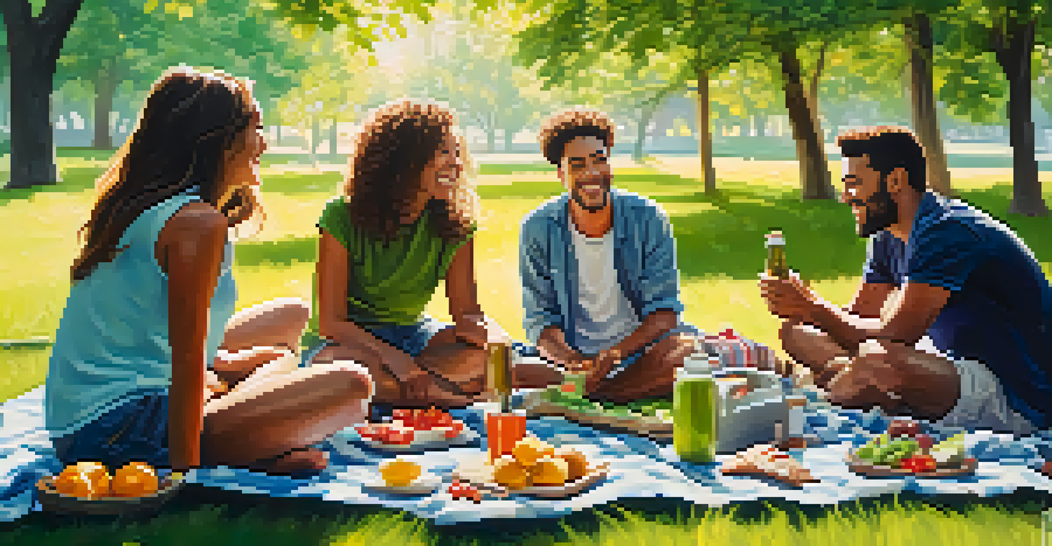 A group of friends having a picnic in a green park, surrounded by healthy foods and smiling faces in sunlight.