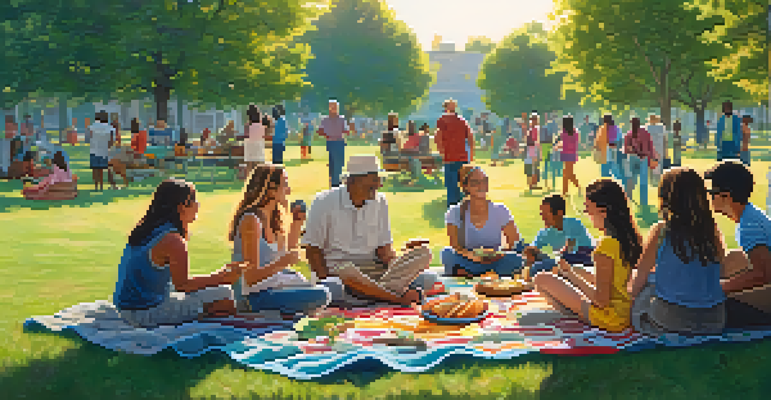 A community gathering in a park with diverse people sharing food and enjoying conversations, surrounded by a warm and inviting atmosphere.