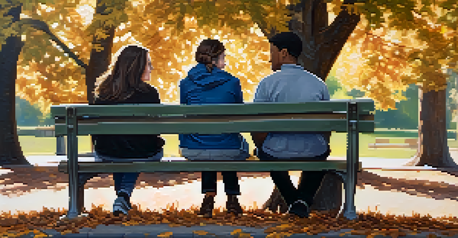 Two friends sitting on a bench in a park, engaged in a deep conversation, surrounded by trees and sunlight.