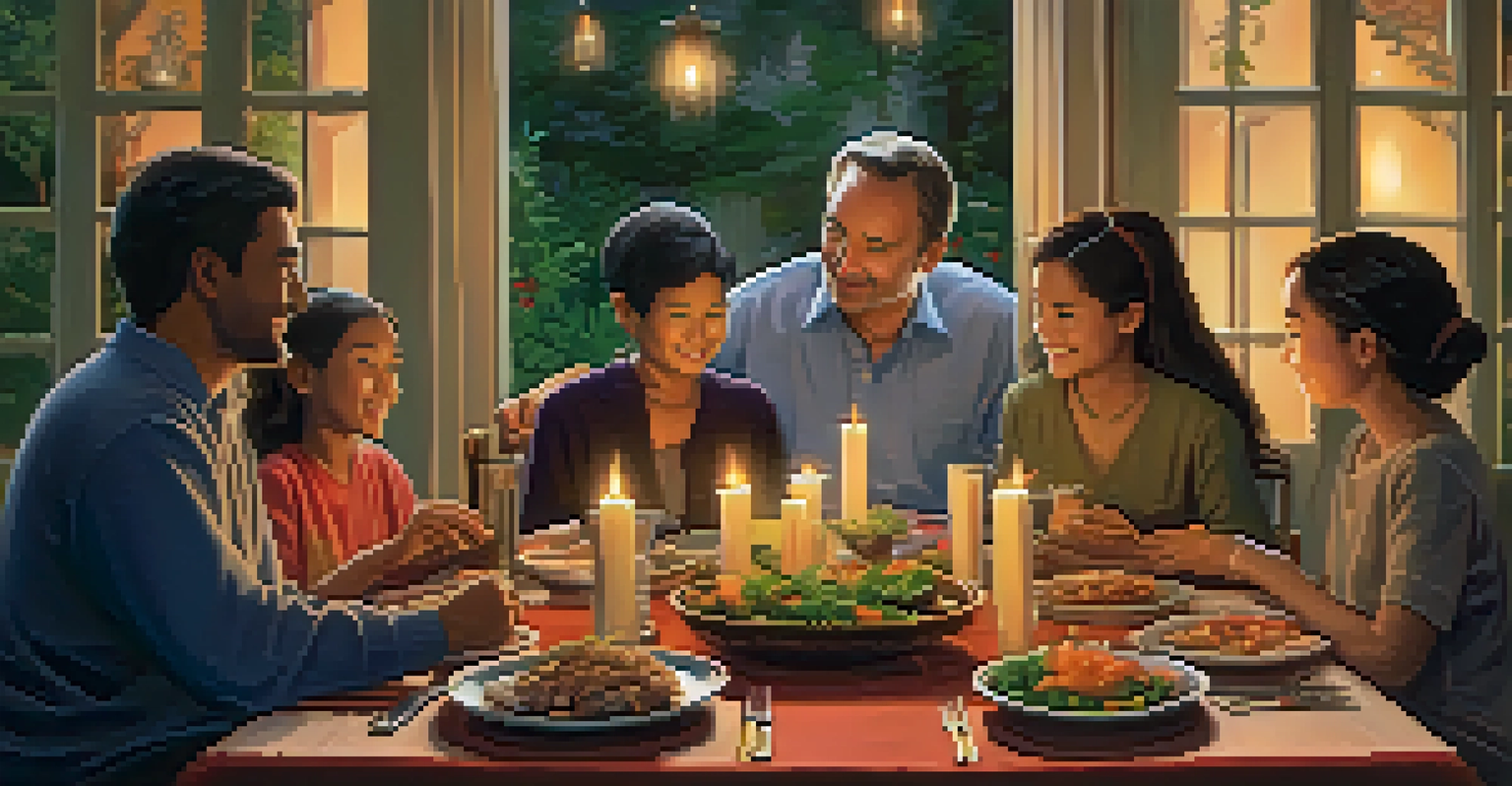 A family gathering around a dining table filled with traditional meals, sharing stories and laughter in a warm candlelit atmosphere.
