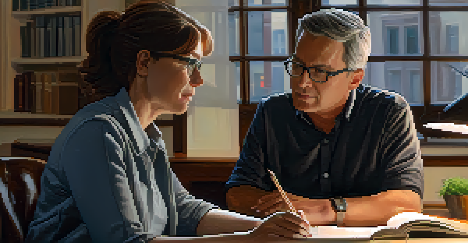 A leader practicing active listening in a cozy office, showing a thoughtful expression while a younger man speaks.