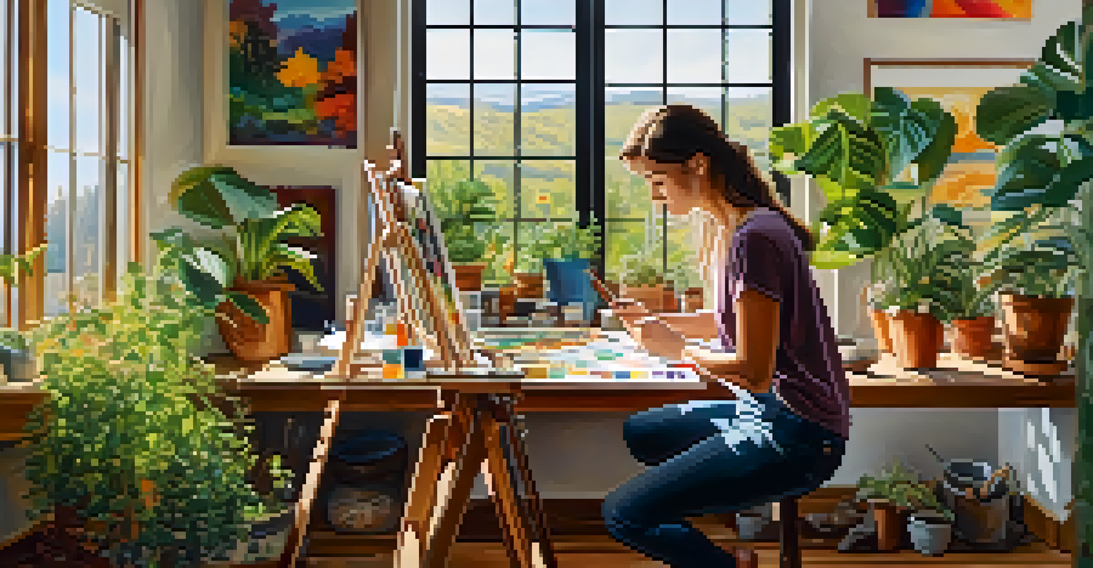 A person painting in a sunlit art studio, surrounded by plants and colorful art supplies, focused on their canvas.