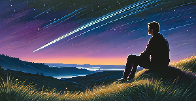 A person lying on a grassy hill gazing at a meteor shower in a night sky filled with bright streaks of light and deep blue and purple colors.