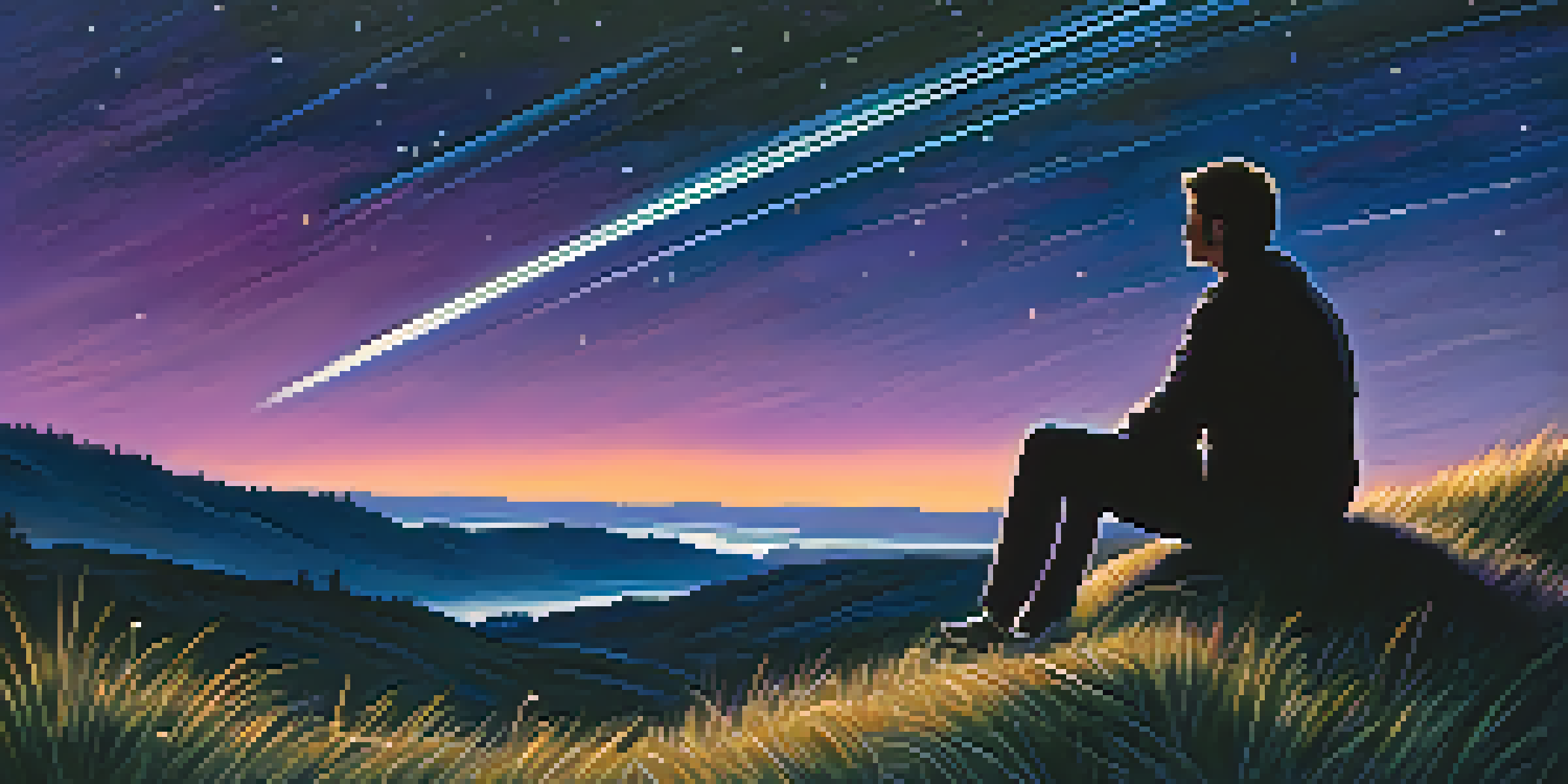 A person lying on a grassy hill gazing at a meteor shower in a night sky filled with bright streaks of light and deep blue and purple colors.