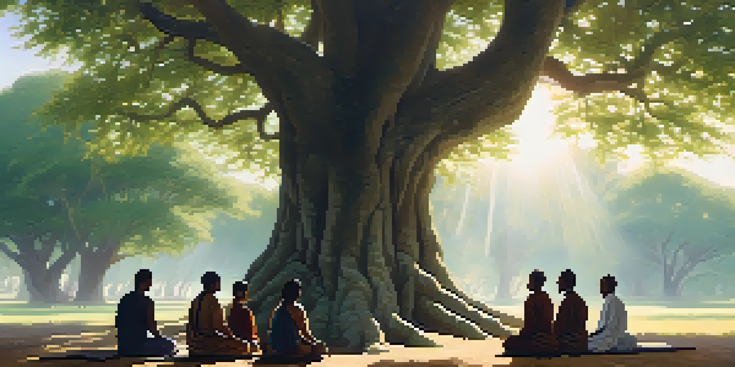 A peaceful scene with a diverse group of people meditating under a large tree, sunlight filtering through the leaves.