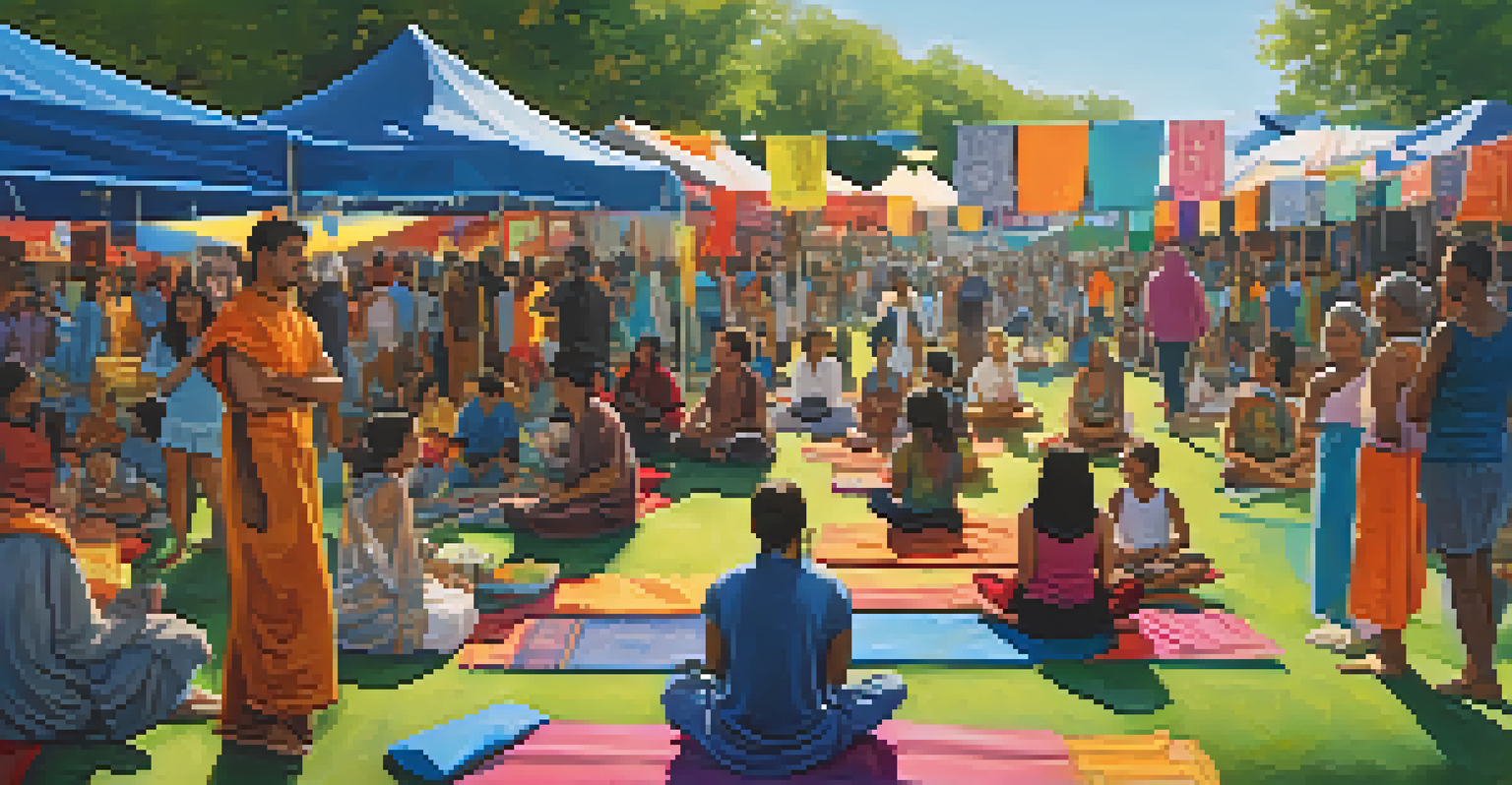 A lively outdoor community event with colorful banners and diverse activities promoting spirituality.