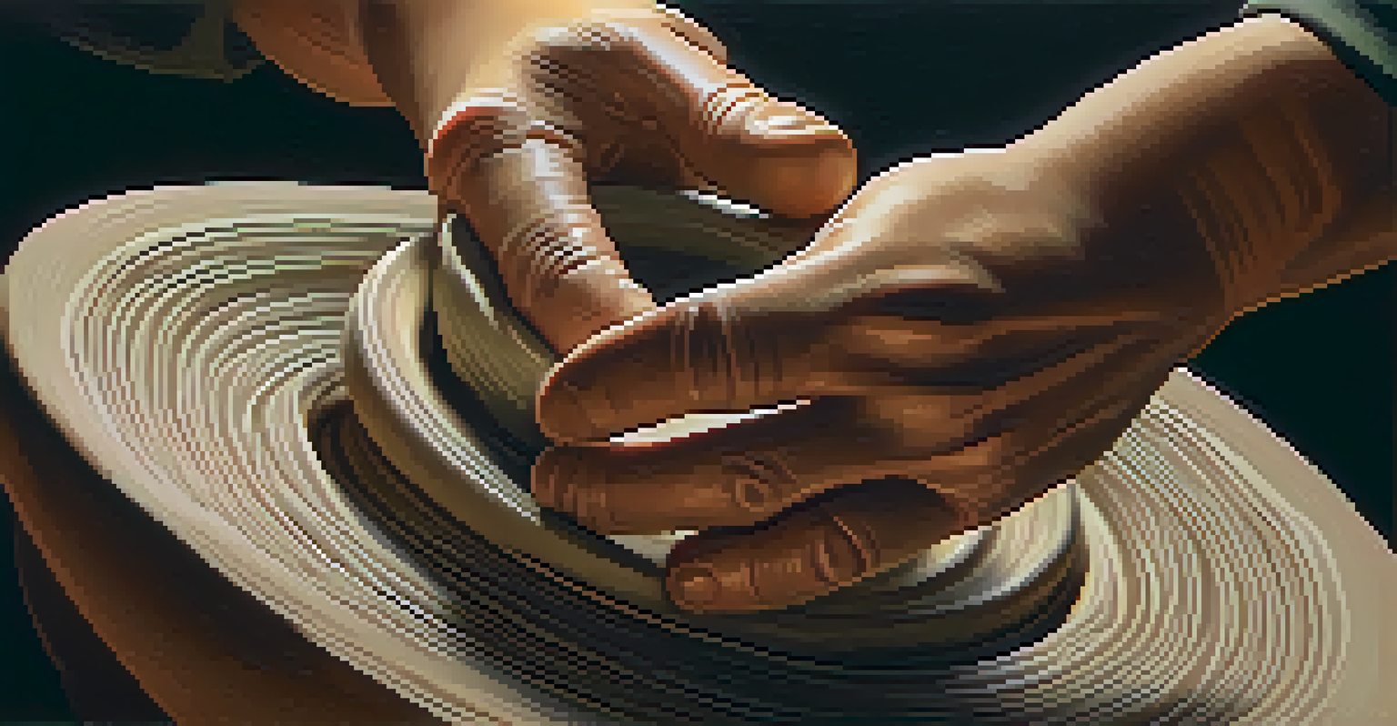 Close-up of hands shaping clay on a potter's wheel in a softly lit environment.