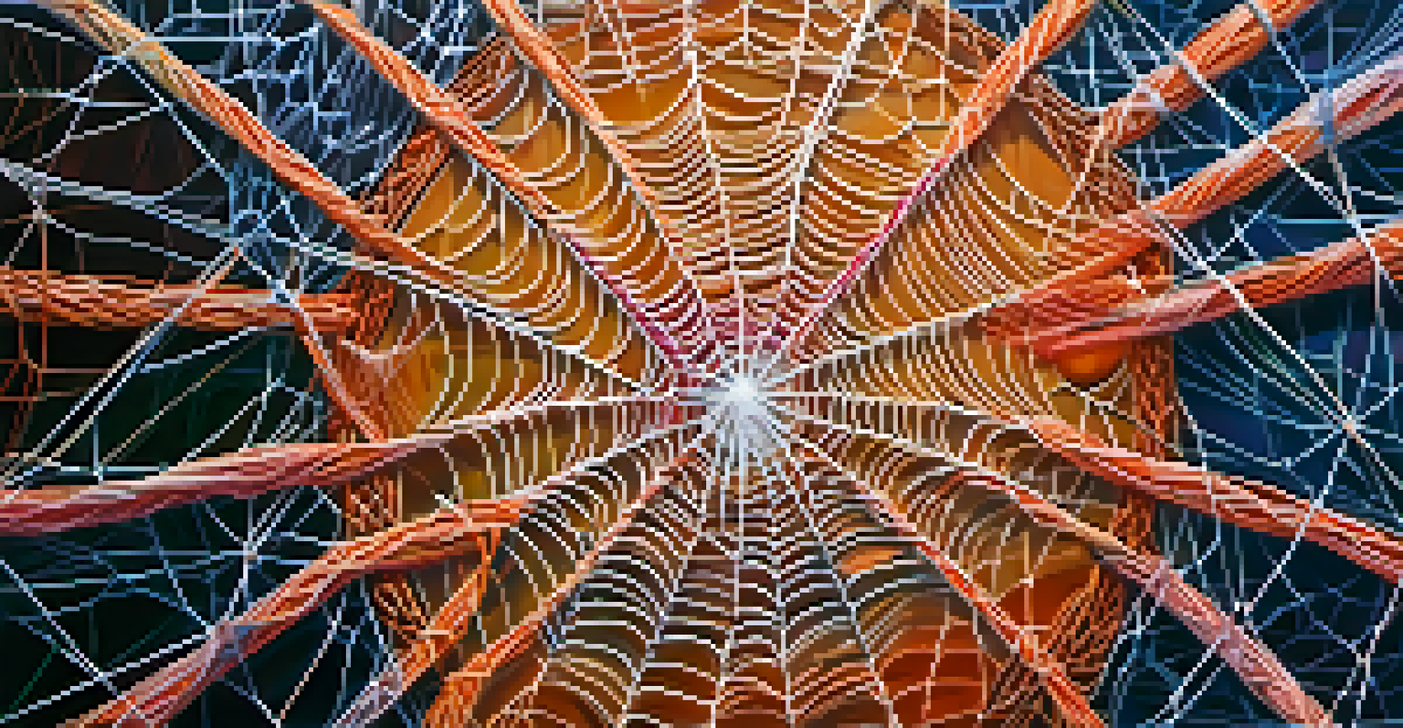 A vibrant web of interconnected threads, symbolizing unity and interconnectedness, with light reflecting off the colorful threads.