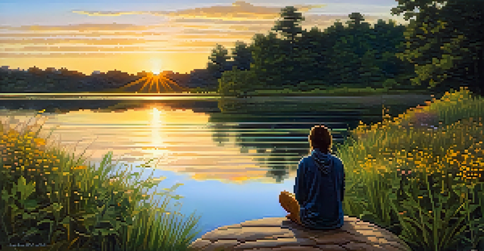 A tranquil scene of a calm lake at sunset with a person meditating by the water's edge, surrounded by green trees and colorful flowers.