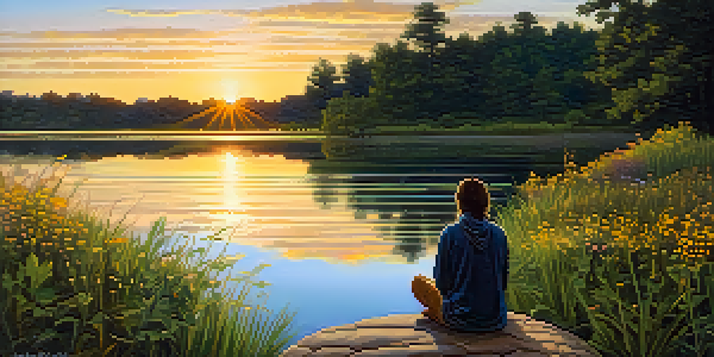 A tranquil scene of a calm lake at sunset with a person meditating by the water's edge, surrounded by green trees and colorful flowers.