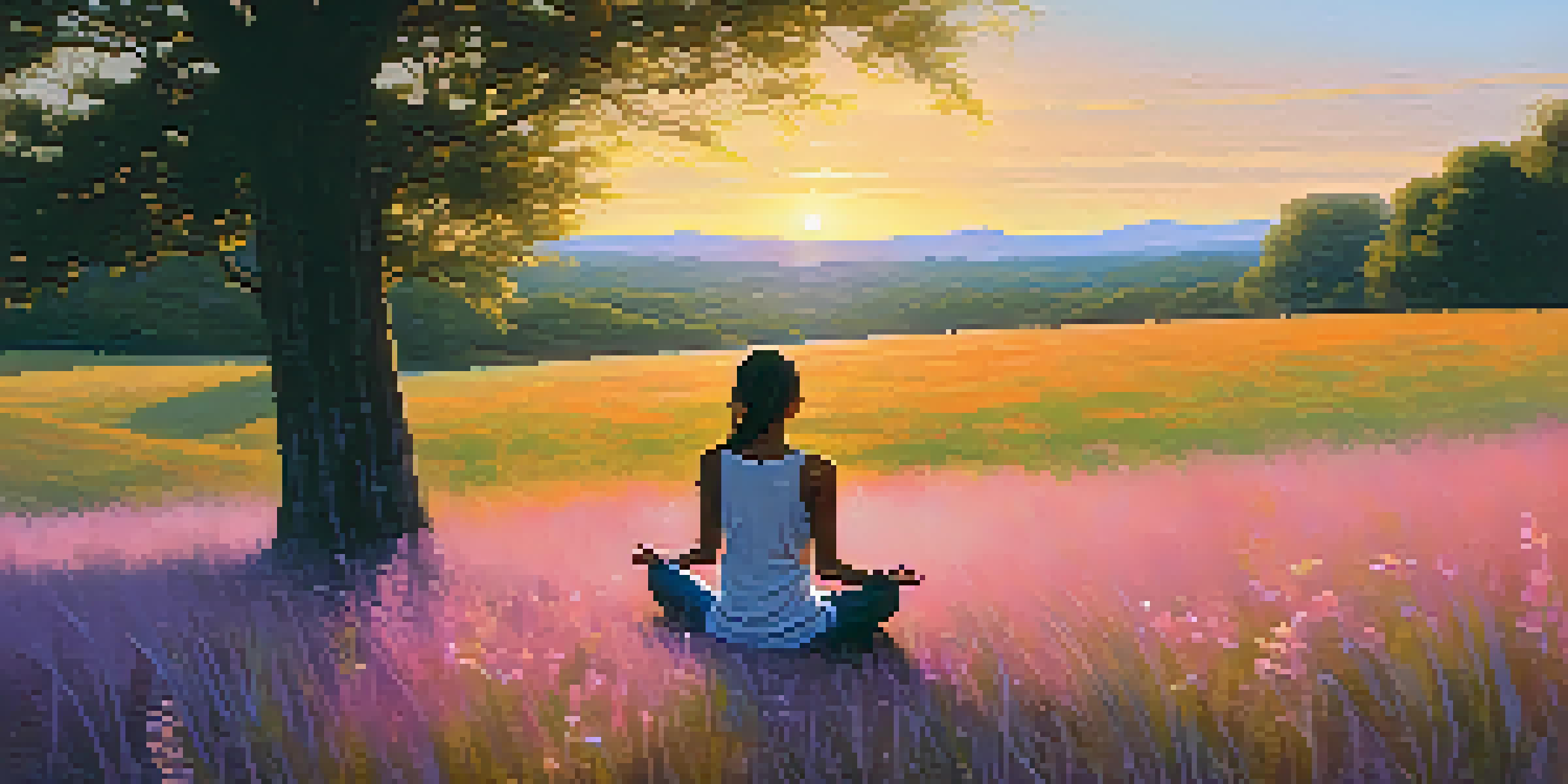 A person meditating on a grassy hill during sunset, surrounded by flowers and trees, with a colorful sky.