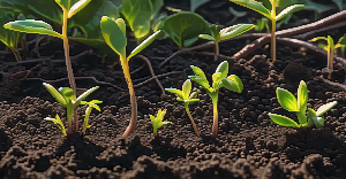 A close-up view of dark soil with sprouts and roots, illuminated by soft morning light.