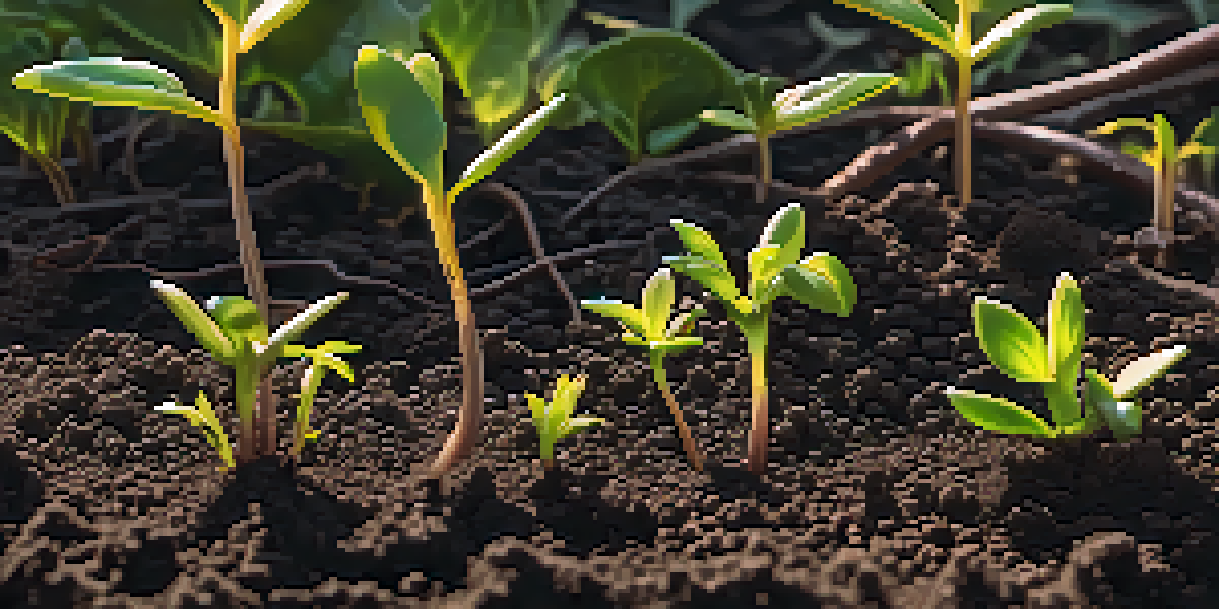 A close-up view of dark soil with sprouts and roots, illuminated by soft morning light.