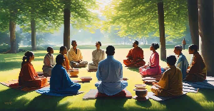 A diverse group of people meditating together in a circle on a grassy field, surrounded by trees and soft sunlight.