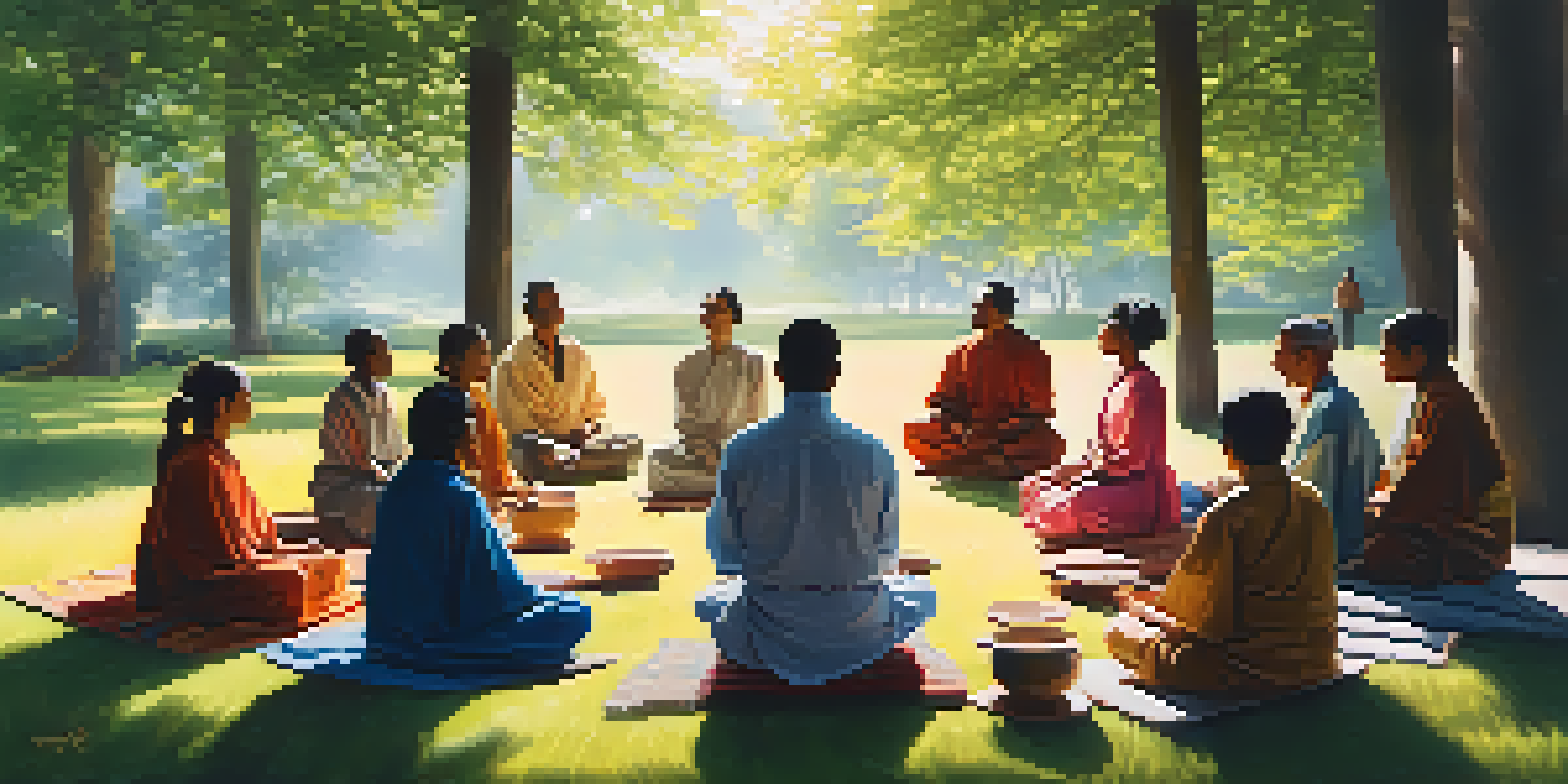 A diverse group of people meditating together in a circle on a grassy field, surrounded by trees and soft sunlight.