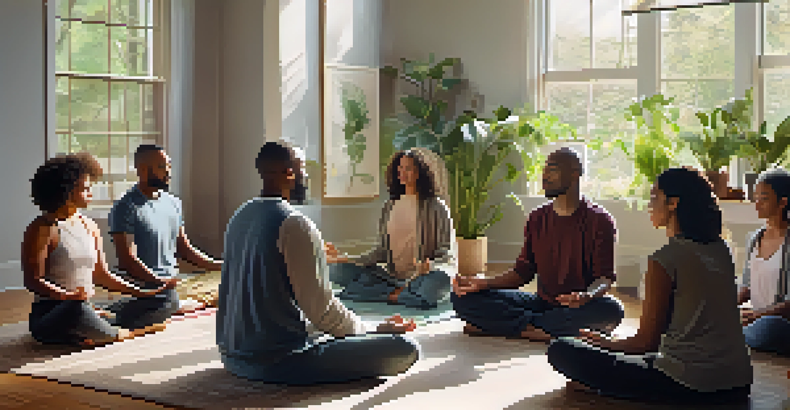 A diverse group of individuals meditating together in a cozy room filled with plants and soft cushions.