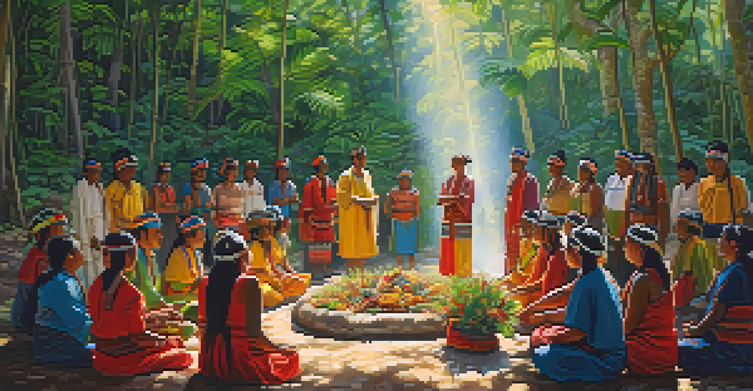 Indigenous people performing a ceremonial ritual in a lush forest surrounded by sacred plants and trees.