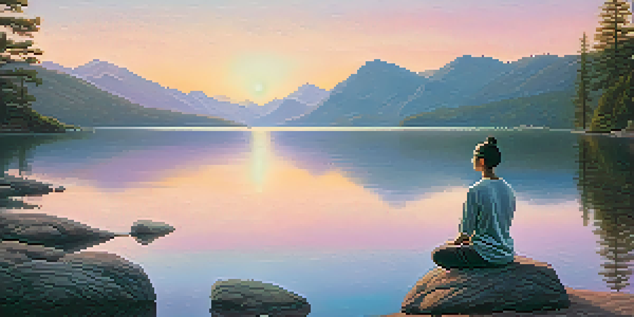 A tranquil lake at sunrise with soft pastel colors in the sky, mountains in the background, and a person meditating on a rock.