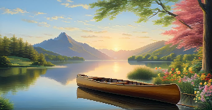 A peaceful lake scene with green mountains and a wooden canoe, reflecting the golden colors of sunrise.