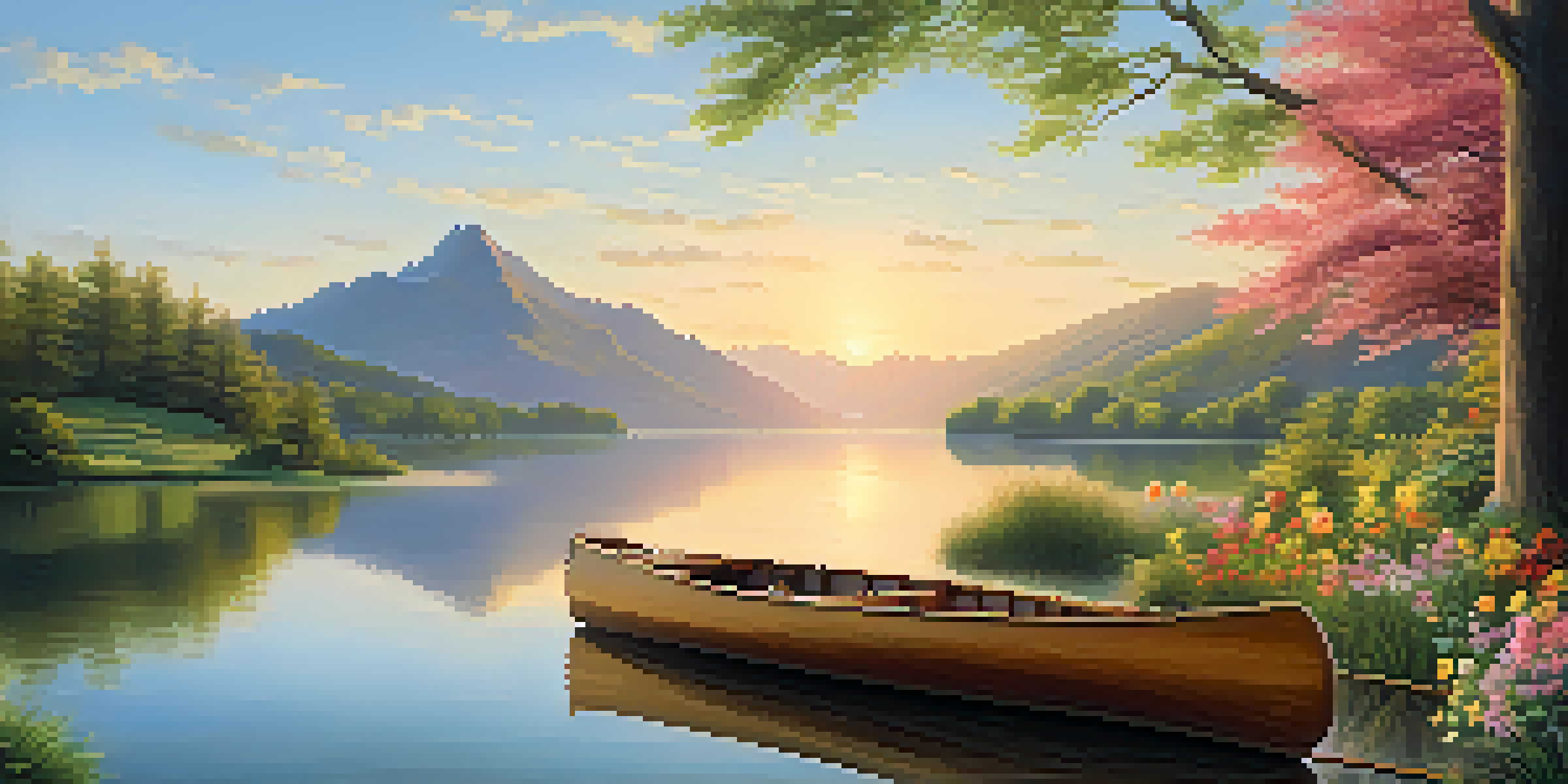 A peaceful lake scene with green mountains and a wooden canoe, reflecting the golden colors of sunrise.