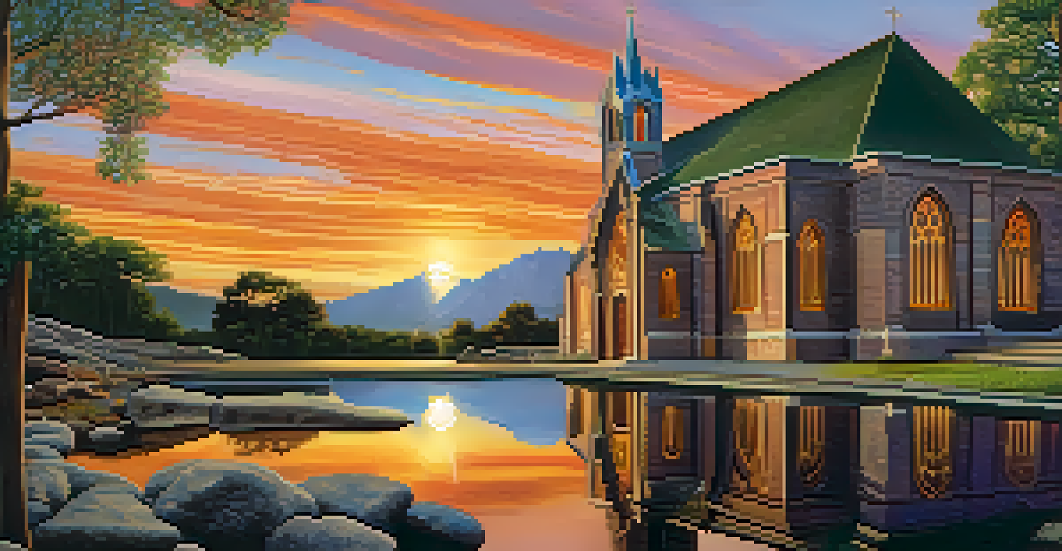 A church with stained glass and an Indigenous ceremonial site at sunset, symbolizing spiritual connection.