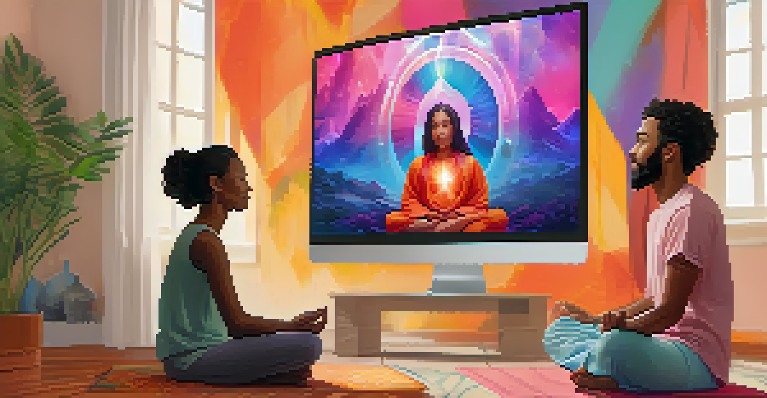 A computer screen showing a virtual meditation session with participants from different backgrounds engaged in their homes.